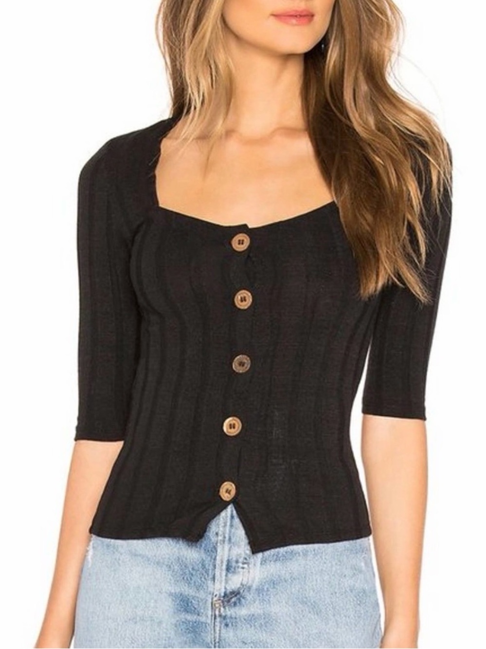 Free People Central Park Women's Black Ribbed Button-Front Top Size XS